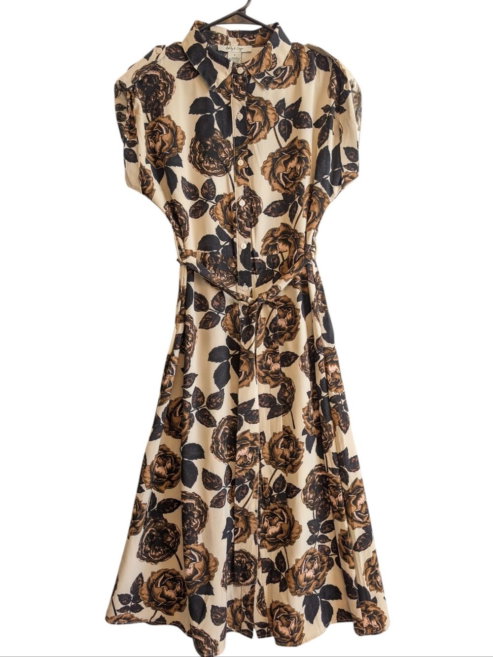 Ashly & Sage Brown Floral Dress Button Down Midi A-line Cottagecore Summer Sz Sm